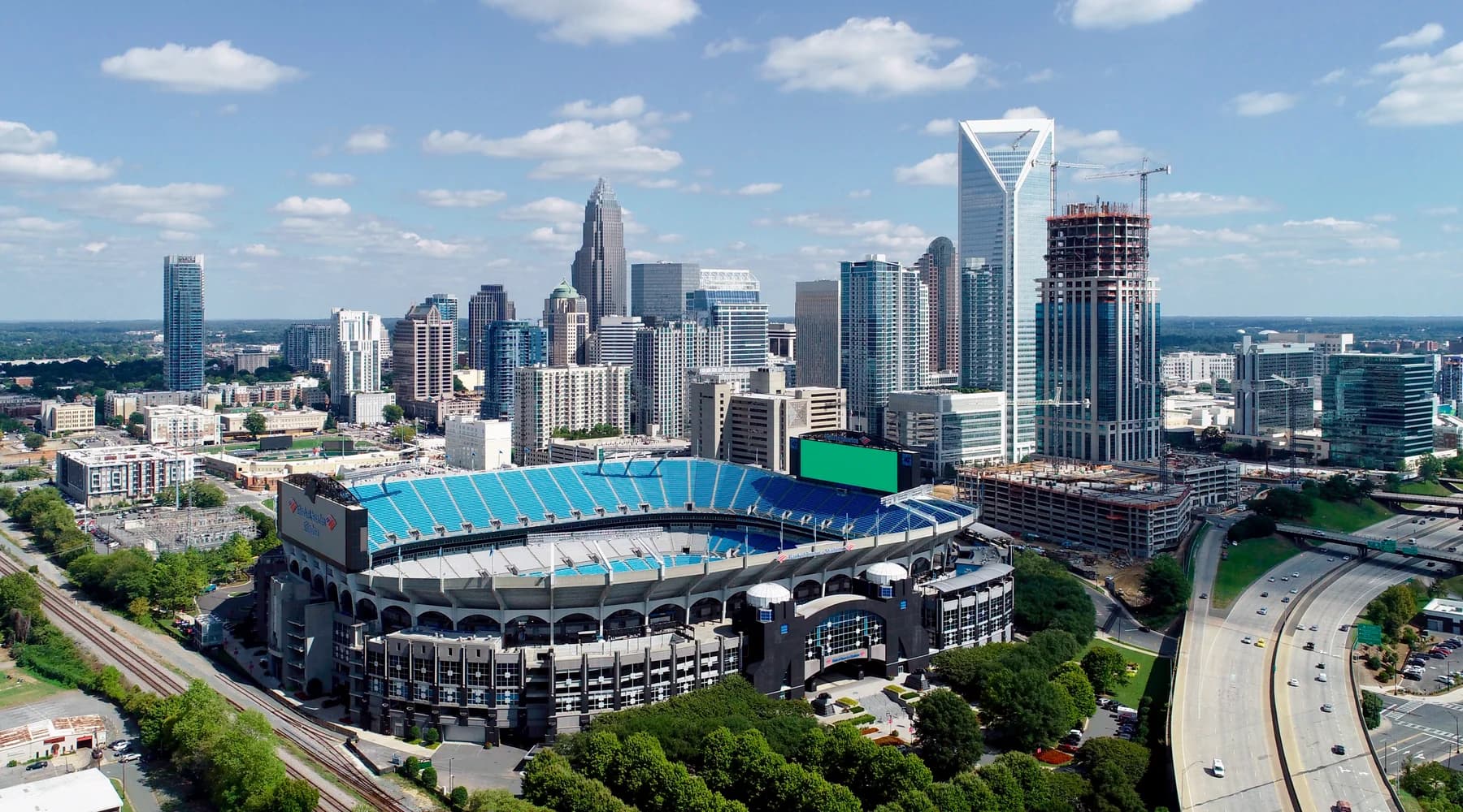 Uptown Charlotte skyline and Bank of America Stadium from above