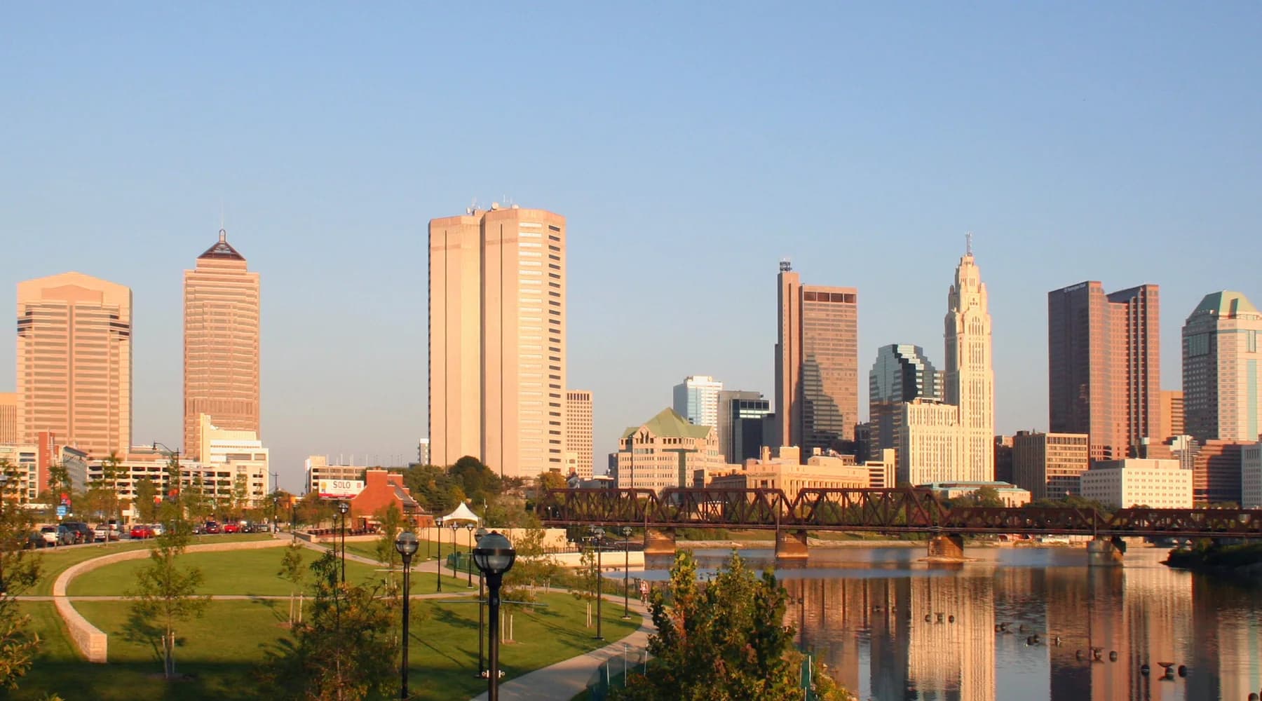 Downtown Columbus skyline reflected in the Scioto River