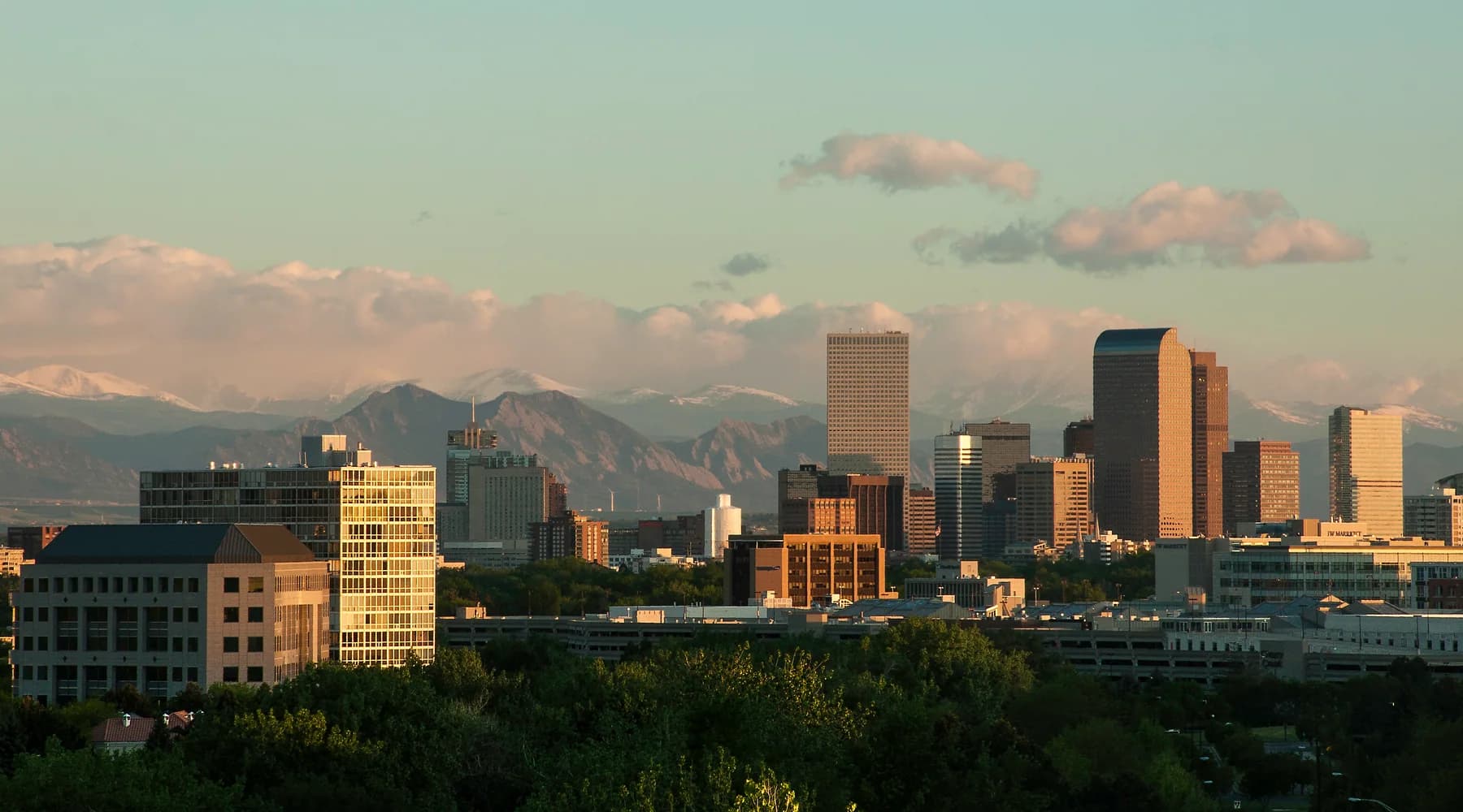 Denver skyline with the Rocky Mountains in the distance
