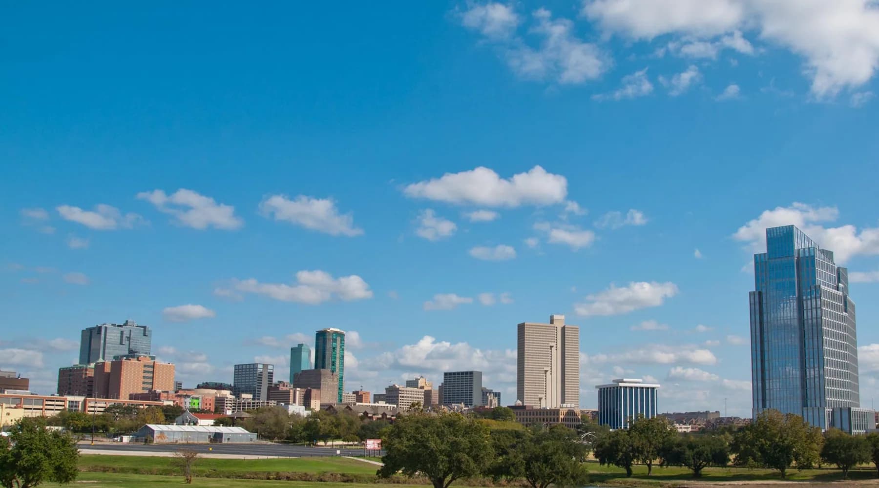 Downtown Fort Worth skyline beneath a blue sky