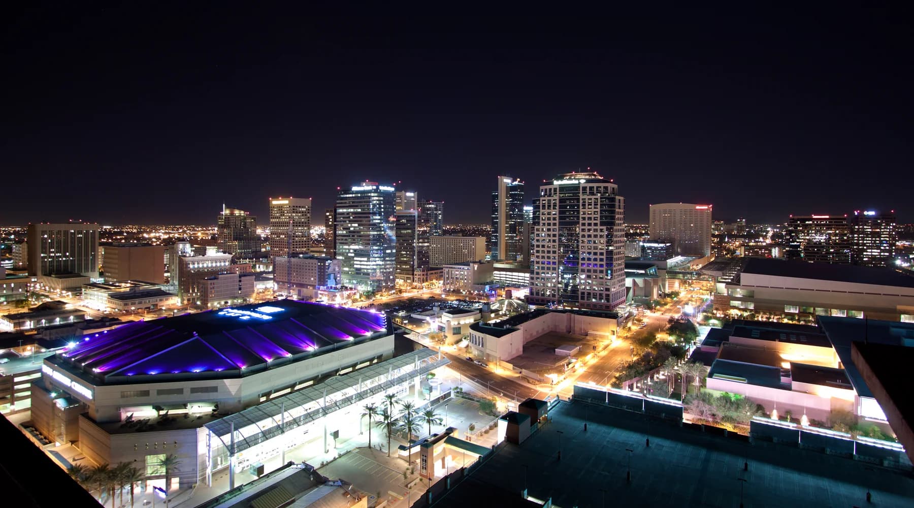 Downtown Phoenix skyline illuminated at night