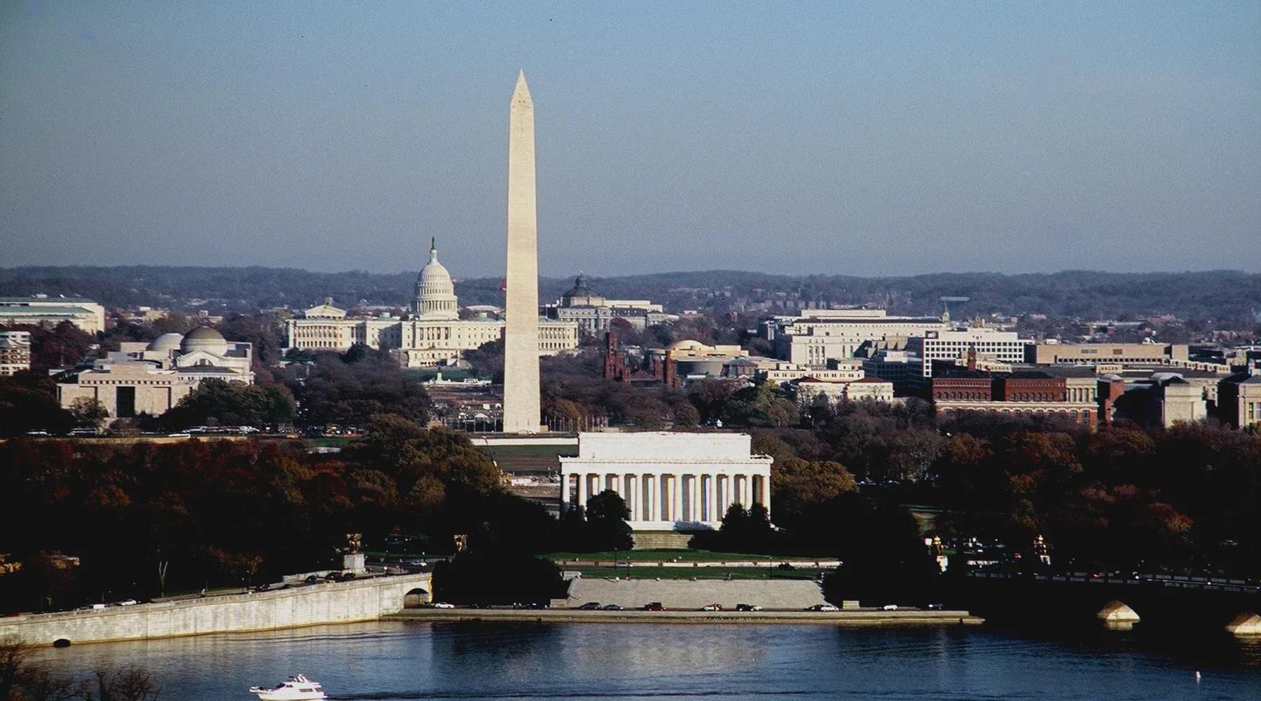Washington Monument, Lincoln Memorial, and U.S. Capitol across the National Mall