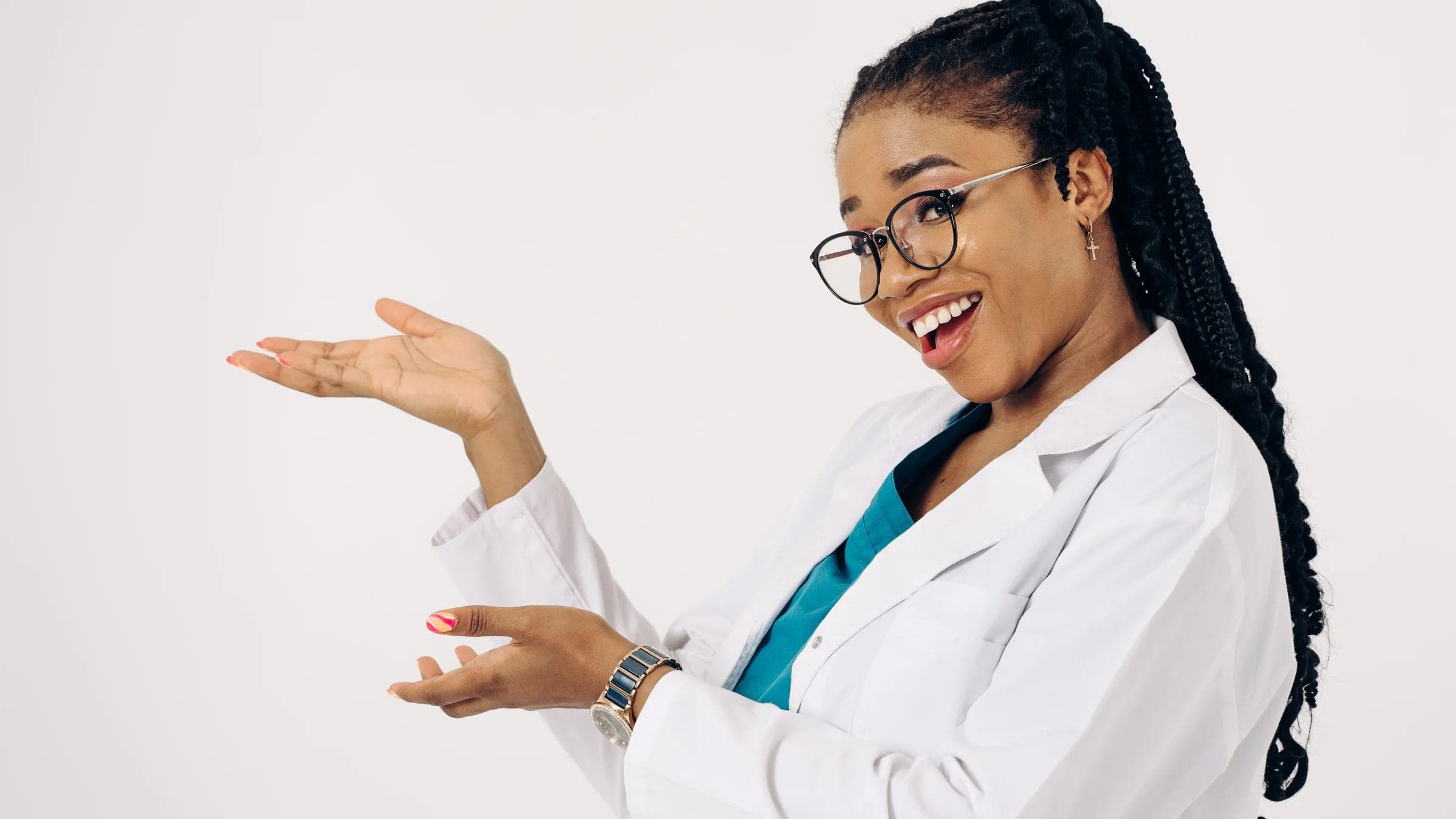 Professional female doctor with glasses, confidently presenting on a white background.
