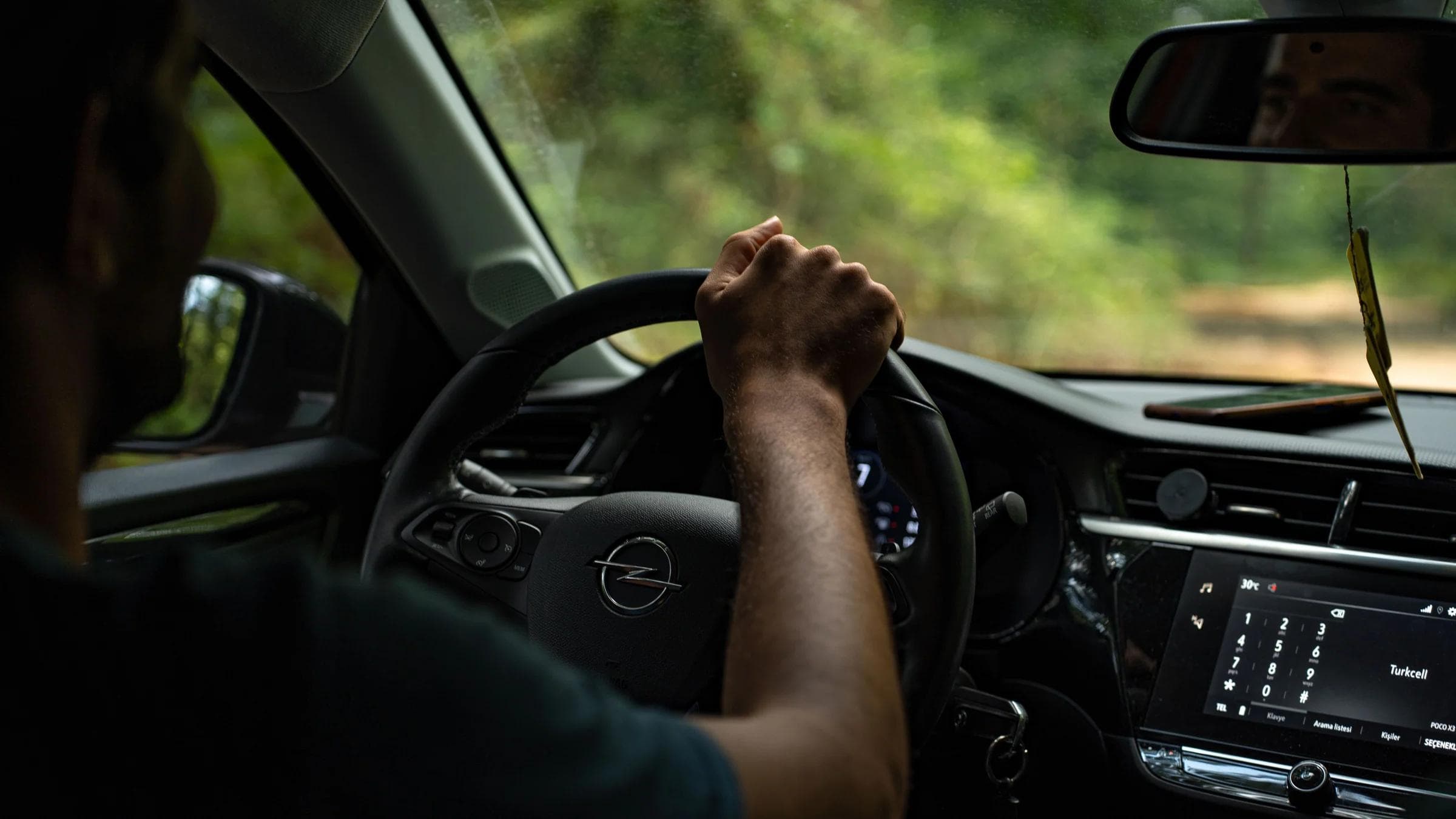 Interior view focused on the steering wheel with a driver navigating a scenic road.