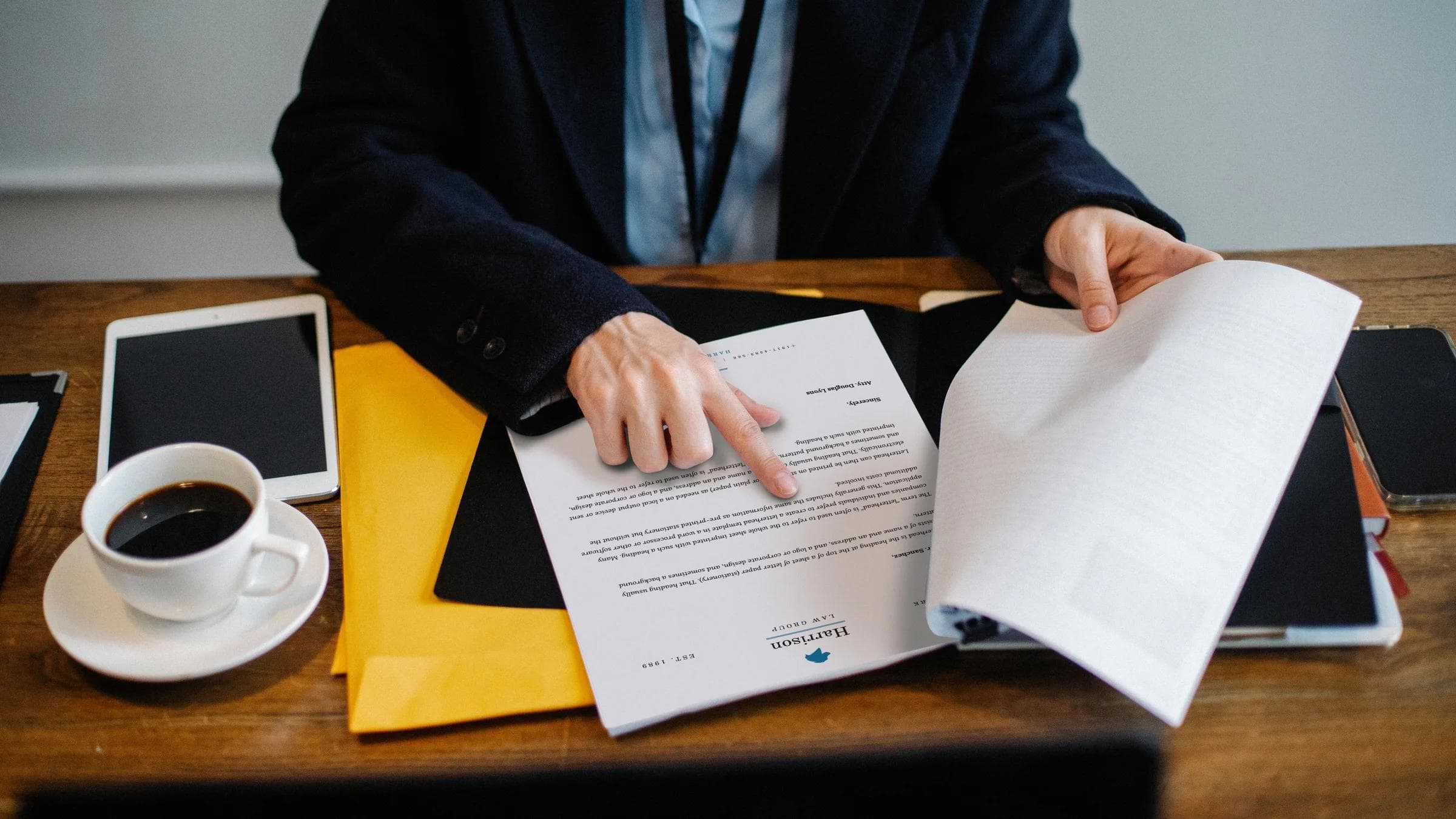 High angle of crop faceless woman in formal wear sitting at wooden table with tablet and coffee and reading documents.