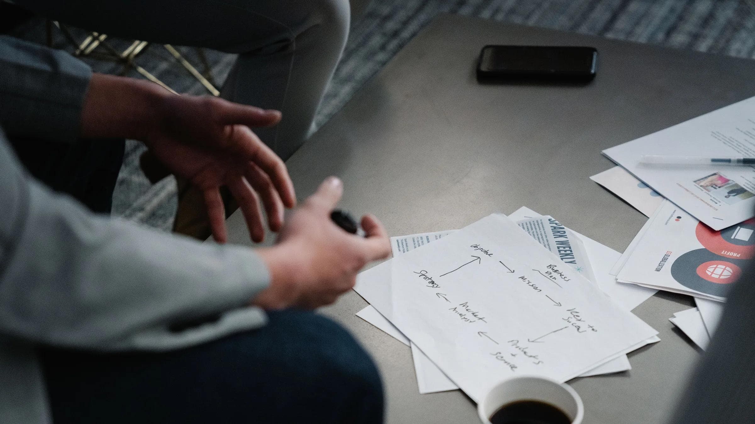 Close-up of a business meeting table with notes, documents, and a coffee cup.